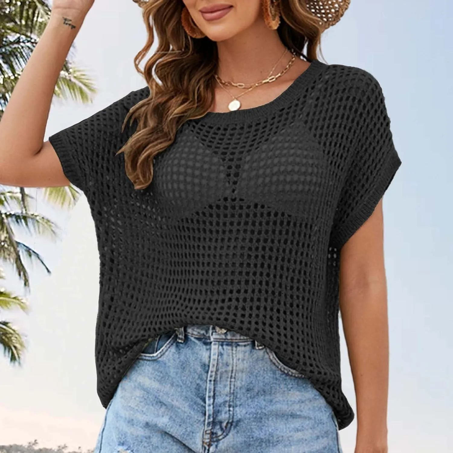 Womens Summer Crewneck Short Sleeve Tops Crochet Hollow Out Knit Pullover Shirts Casaul Loose Fit Beach Coverups