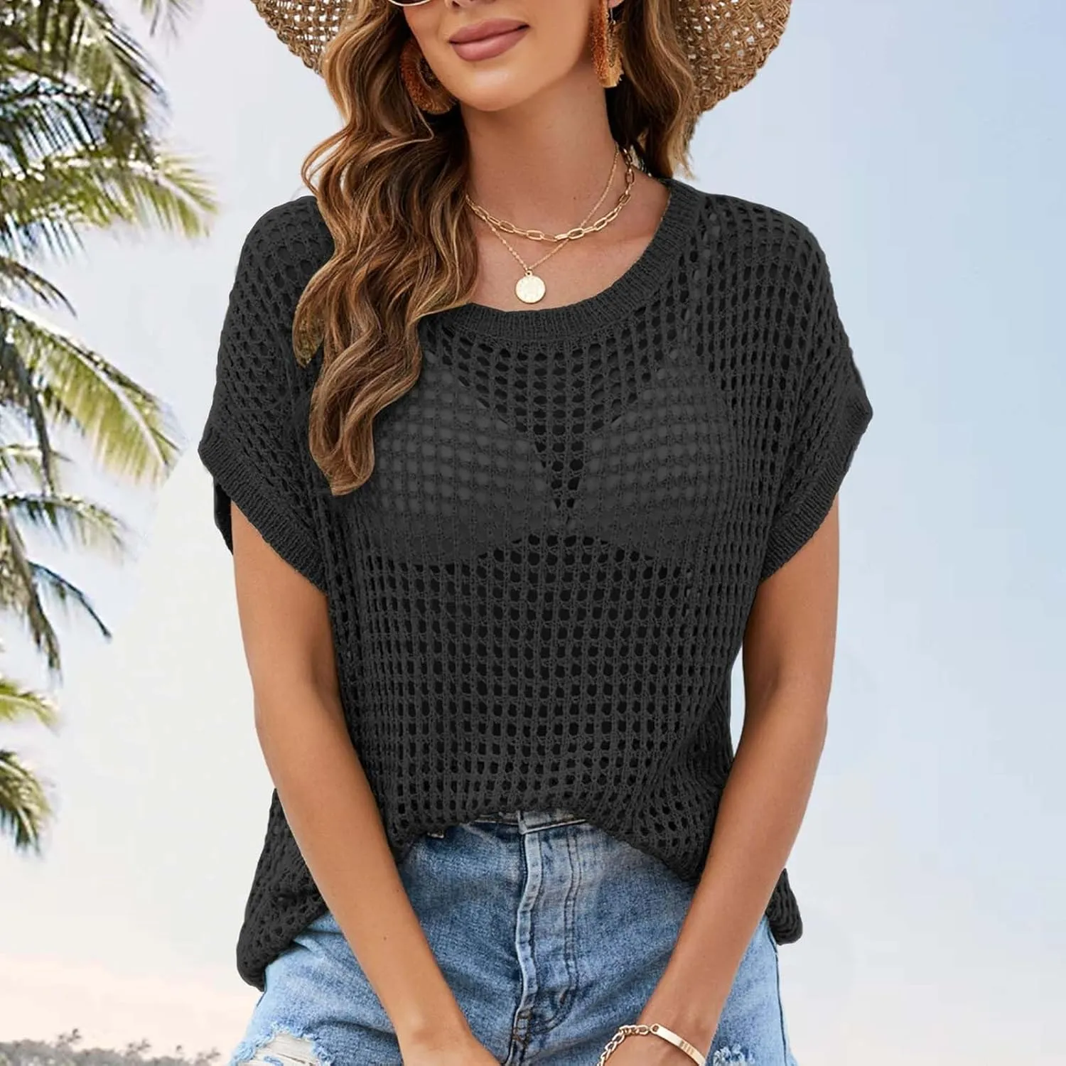 Womens Summer Crewneck Short Sleeve Tops Crochet Hollow Out Knit Pullover Shirts Casaul Loose Fit Beach Coverups