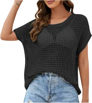 Womens Summer Crewneck Short Sleeve Tops Crochet Hollow Out Knit Pullover Shirts Casaul Loose Fit Beach Coverups