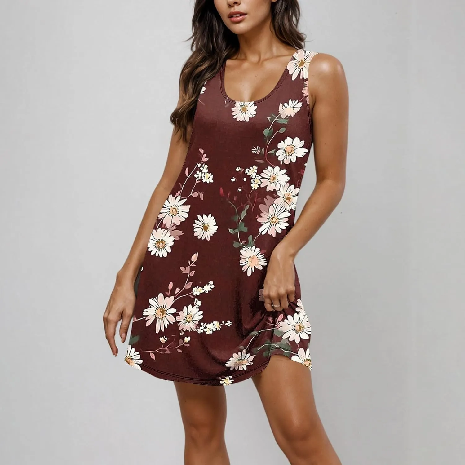 Womens Summer Dresses 2025 Trendy Crewneck Sleeveless Midi Dresses Casual Printed Vacation Boho Floral Dresses