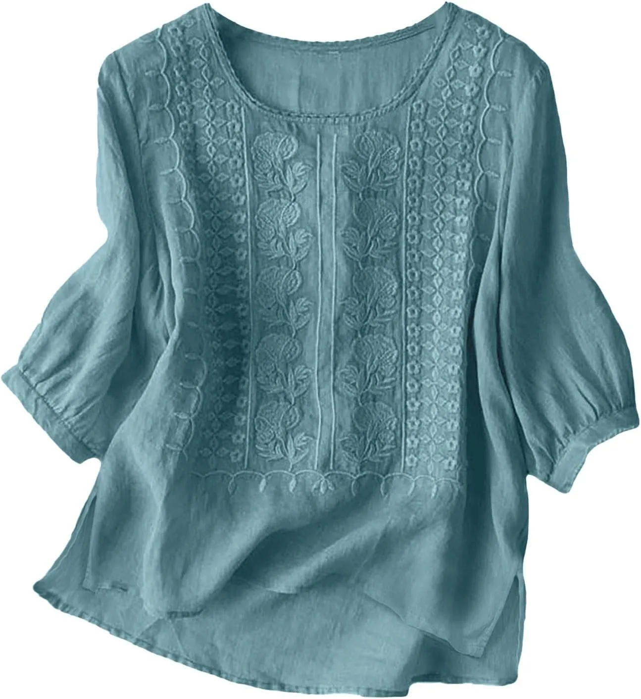 Womens Summer Tops Crewneck Lace 3/4 Sleeve Loose Fit Blouse Cotton Work Tops with Pocket Cotton Shirt 3/4 Sleeve