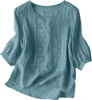 Womens Summer Tops Crewneck Lace 3/4 Sleeve Loose Fit Blouse Cotton Work Tops with Pocket Cotton Shirt 3/4 Sleeve