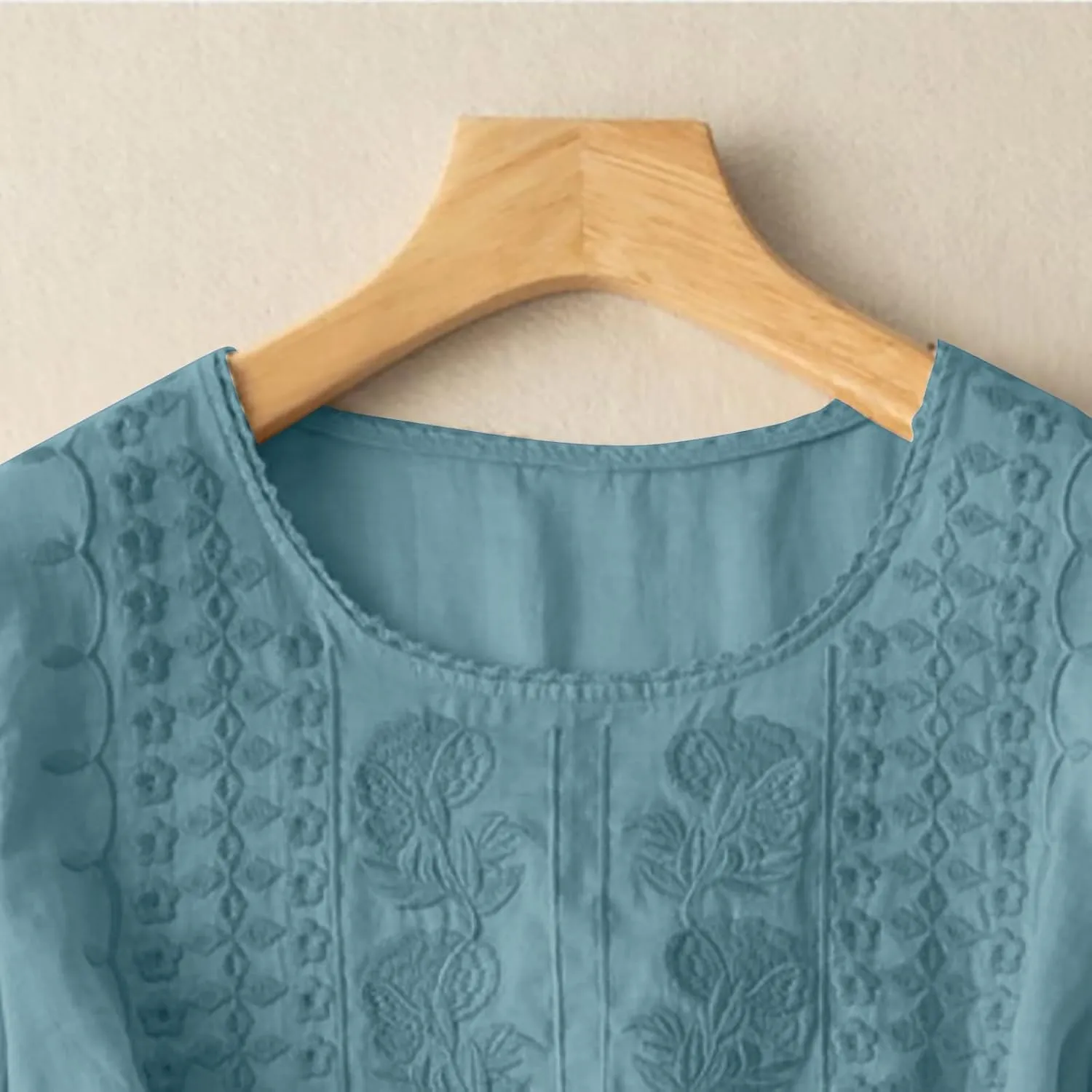 Womens Summer Tops Crewneck Lace 3/4 Sleeve Loose Fit Blouse Cotton Work Tops with Pocket Cotton Shirt 3/4 Sleeve