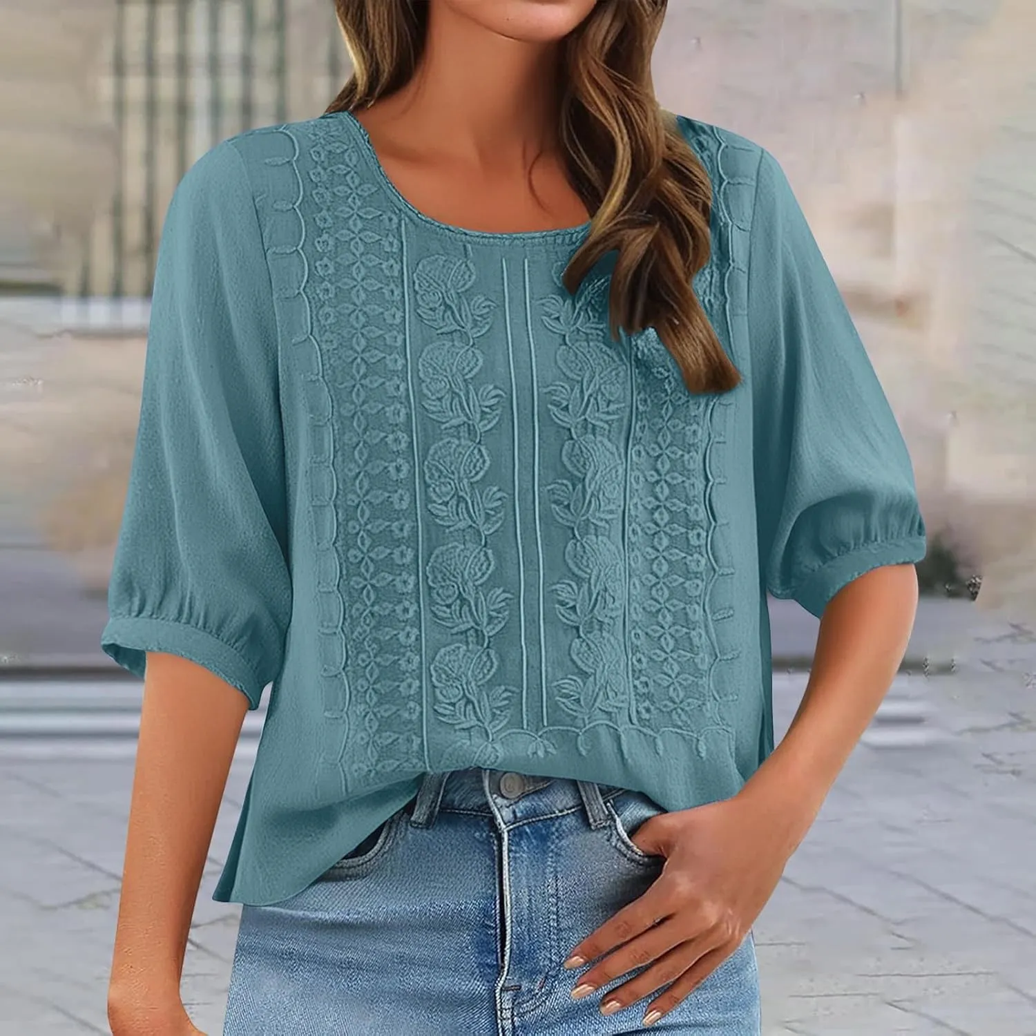 Womens Summer Tops Crewneck Lace 3/4 Sleeve Loose Fit Blouse Cotton Work Tops with Pocket Cotton Shirt 3/4 Sleeve