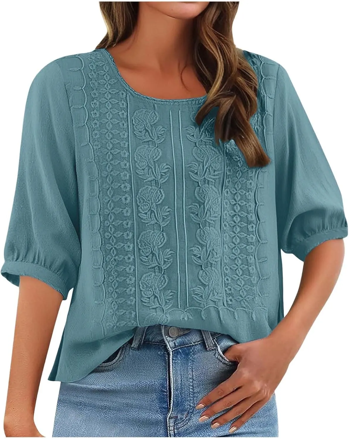 Womens Summer Tops Crewneck Lace 3/4 Sleeve Loose Fit Blouse Cotton Work Tops with Pocket Cotton Shirt 3/4 Sleeve