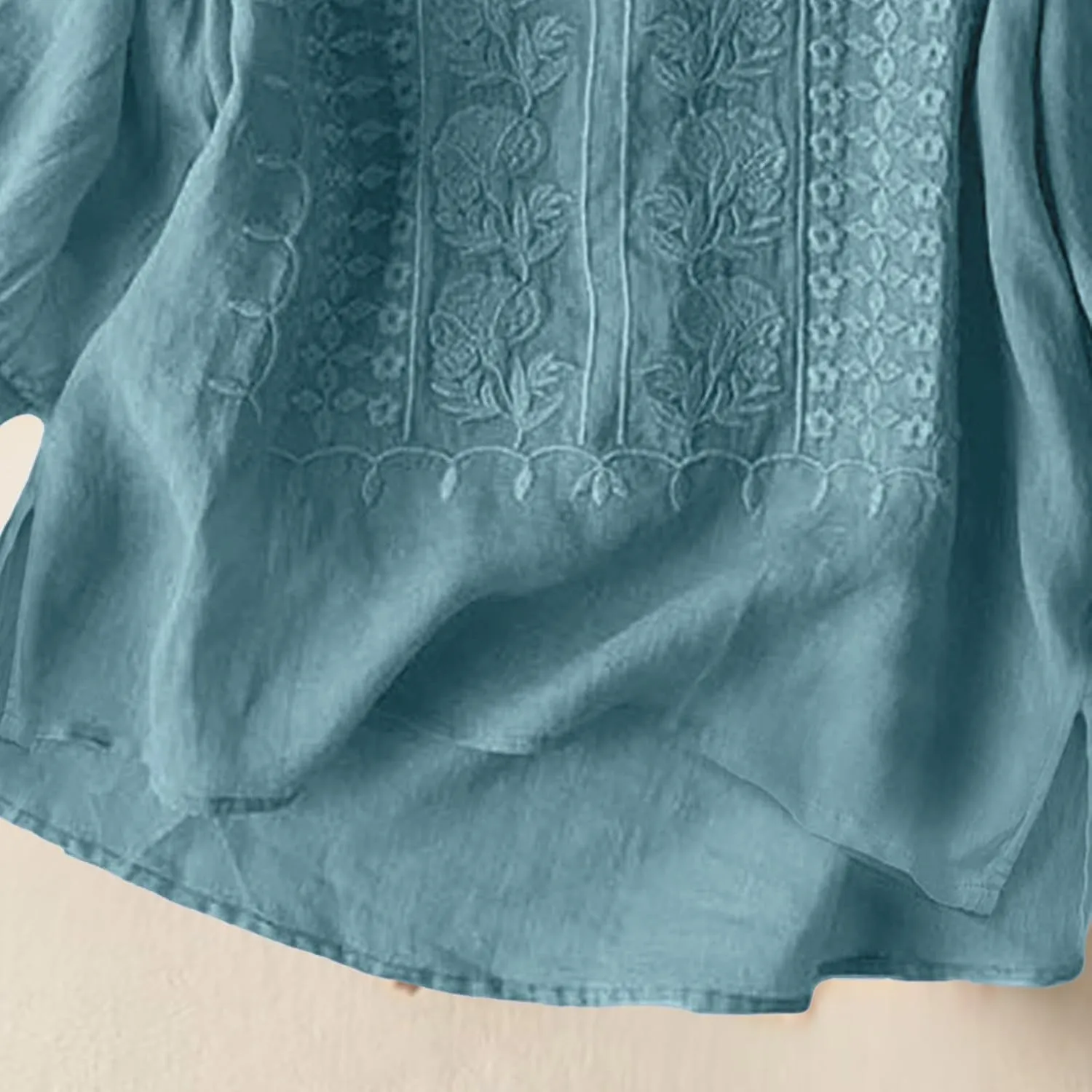 Womens Summer Tops Crewneck Lace 3/4 Sleeve Loose Fit Blouse Cotton Work Tops with Pocket Cotton Shirt 3/4 Sleeve