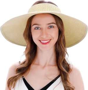 Womens Sun Hat Wide Brim Hats for Women Straw Sun Visors Roll Up Ponytail Beach Hats for Women