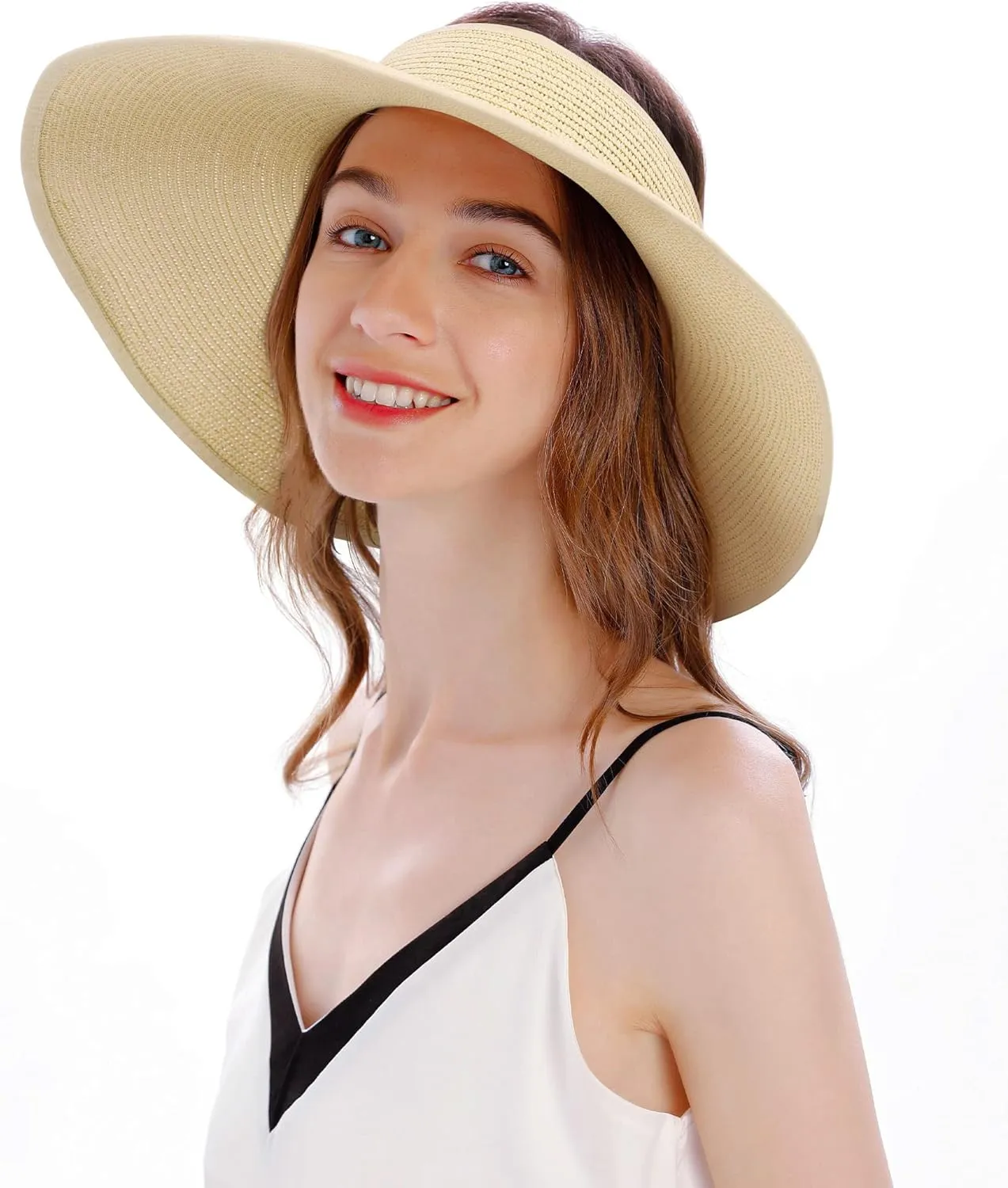 Womens Sun Hat Wide Brim Hats for Women Straw Sun Visors Roll Up Ponytail Beach Hats for Women