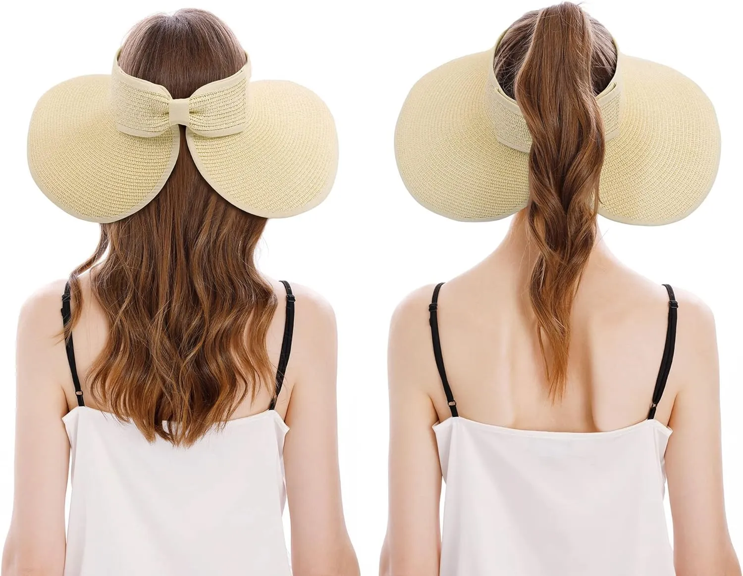 Womens Sun Hat Wide Brim Hats for Women Straw Sun Visors Roll Up Ponytail Beach Hats for Women