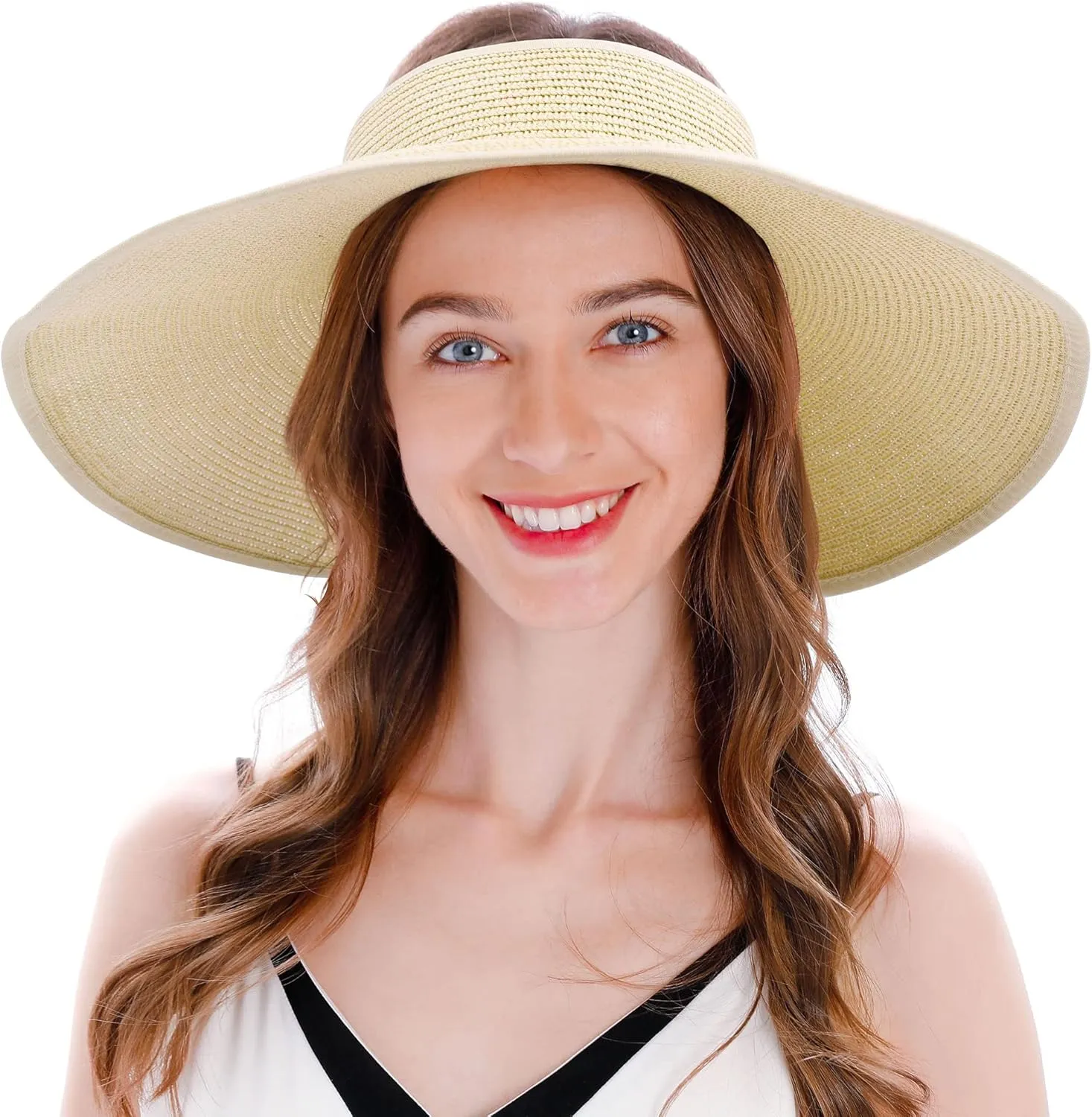 Womens Sun Hat Wide Brim Hats for Women Straw Sun Visors Roll Up Ponytail Beach Hats for Women