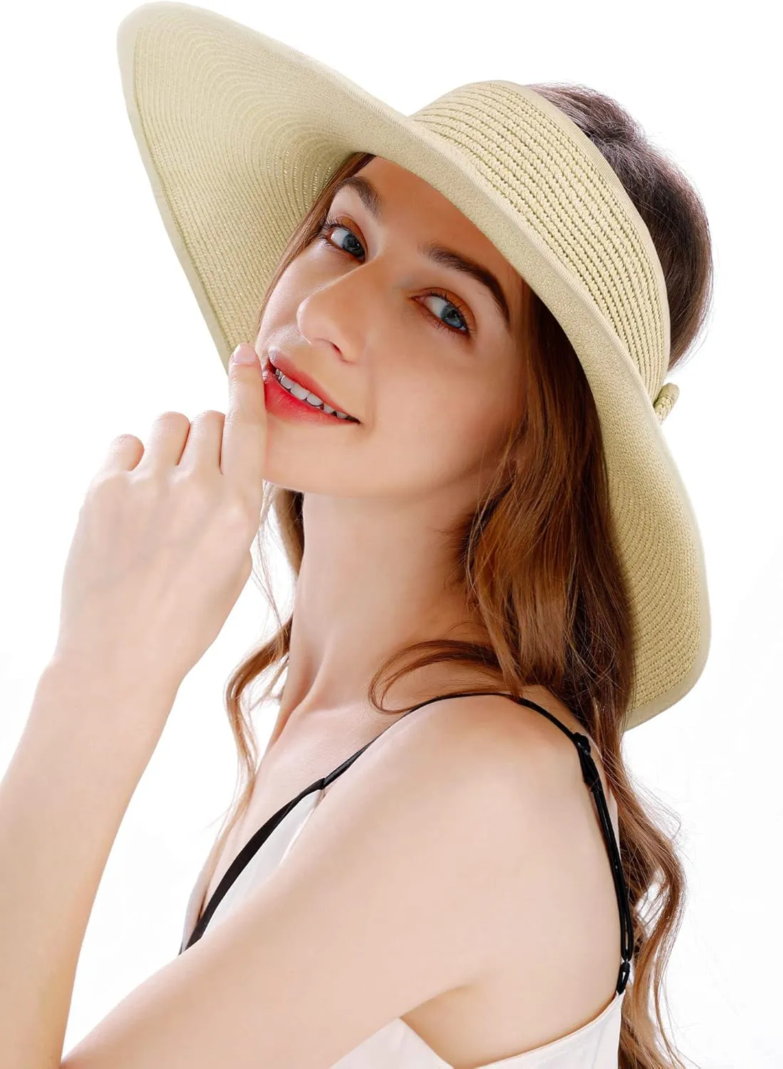 Womens Sun Hat Wide Brim Hats for Women Straw Sun Visors Roll Up Ponytail Beach Hats for Women