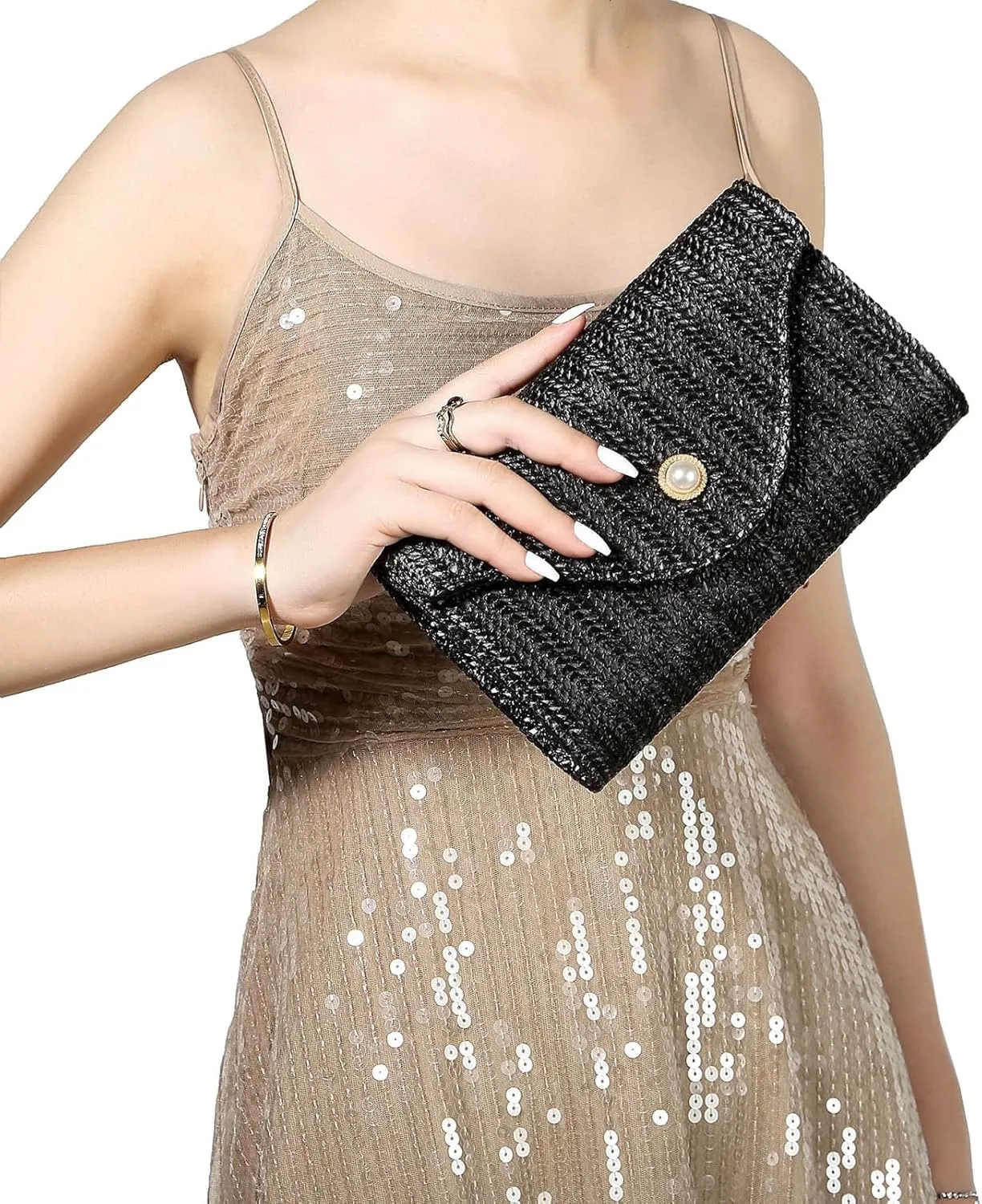 Women’s Trendy Straw Clutch Bag Straw Crossbody Bags For Women Summer Vacation Beach Purse Evening Purse With Pearl