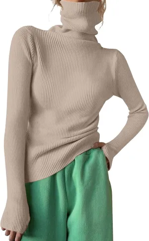 Women's Turtleneck Ribbed Knit Sweater Fall Fashoin Thermal Thumb Hole Jumper Soft Comfy Stretchy Slim Fit Casual Top