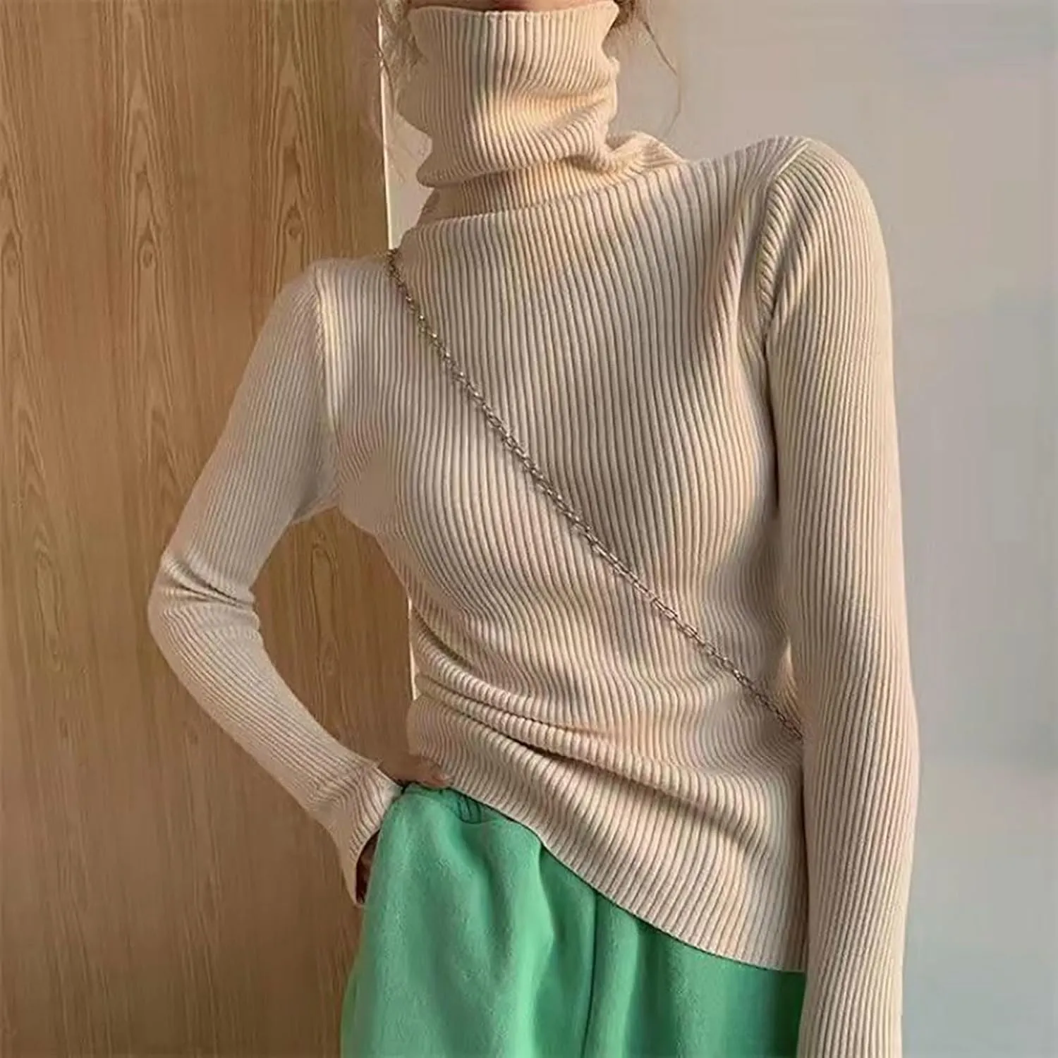 Women's Turtleneck Ribbed Knit Sweater Fall Fashoin Thermal Thumb Hole Jumper Soft Comfy Stretchy Slim Fit Casual Top