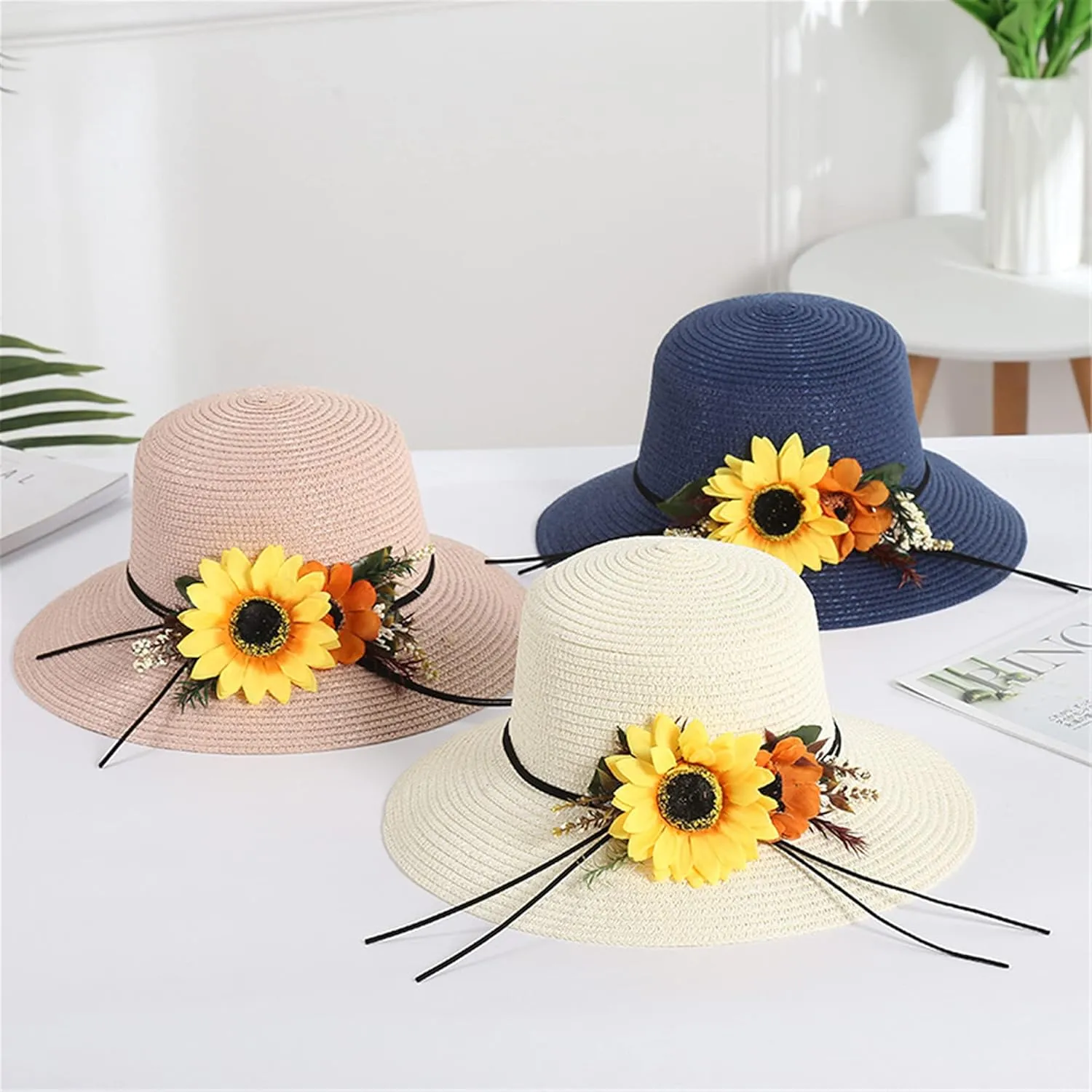 Women's Wide Brim Sun Protection Straw Hat,Summer Protection Beach Cap and Sunflower Headpiece.(LDZ55)
