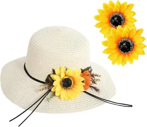 Women's Wide Brim Sun Protection Straw Hat,Summer Protection Beach Cap and Sunflower Headpiece.(LDZ55)