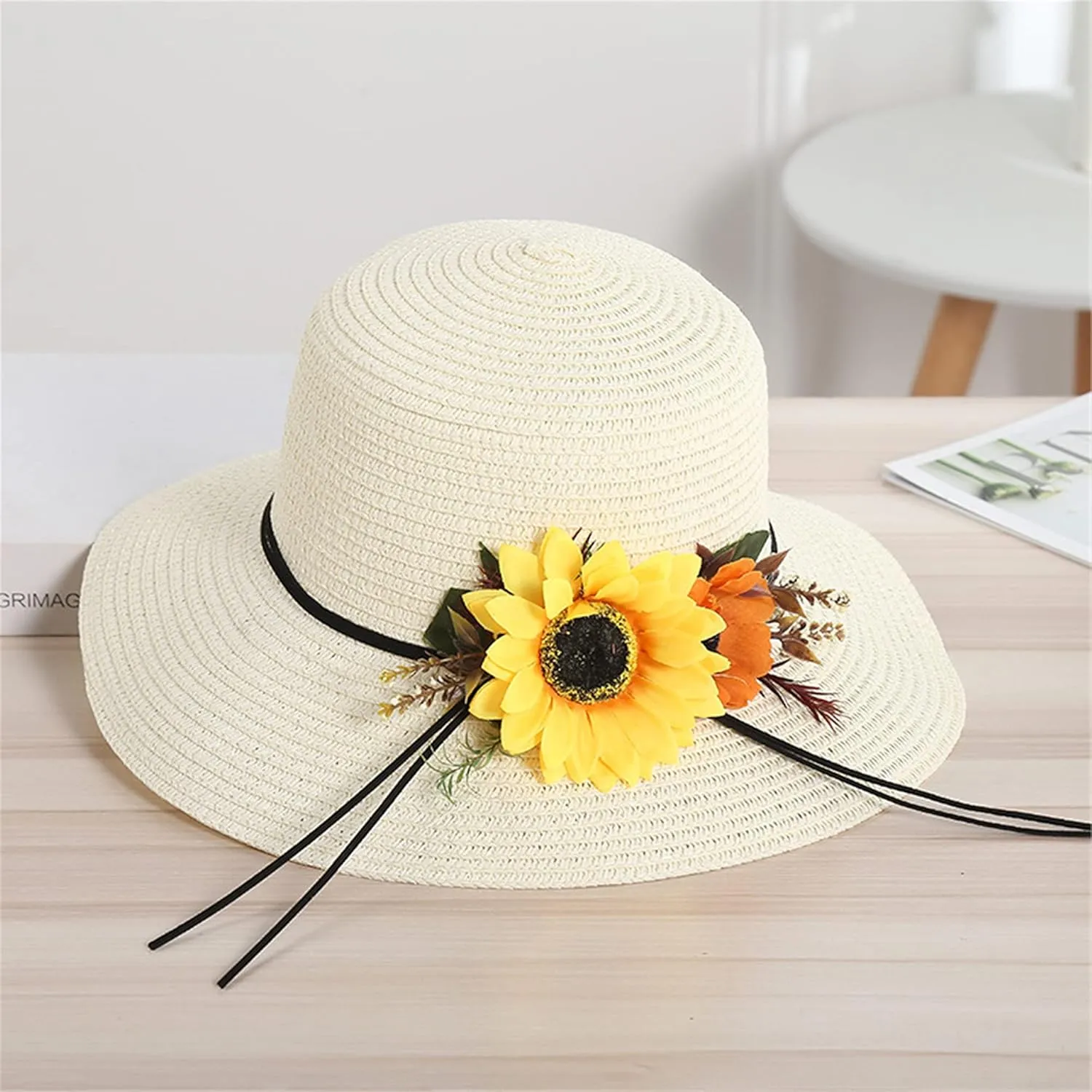 Women's Wide Brim Sun Protection Straw Hat,Summer Protection Beach Cap and Sunflower Headpiece.(LDZ55)