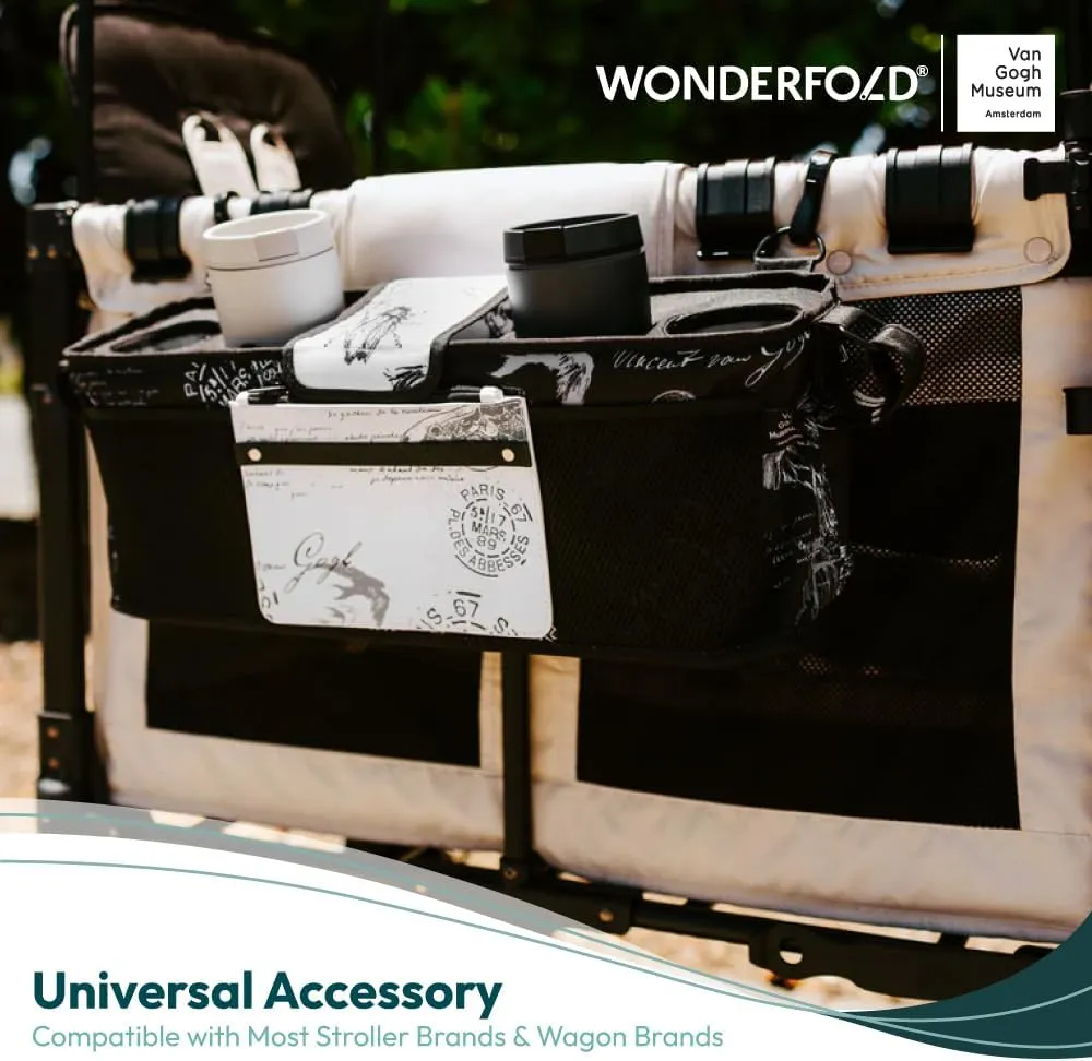 WONDERFOLD Universal Parent Console Stroller Organizer with Insulated Cup Holders, Hook & Loop Closure Handle Attachment, 2 Storage Pockets, Removable Shoulder Strap for Easy Transport