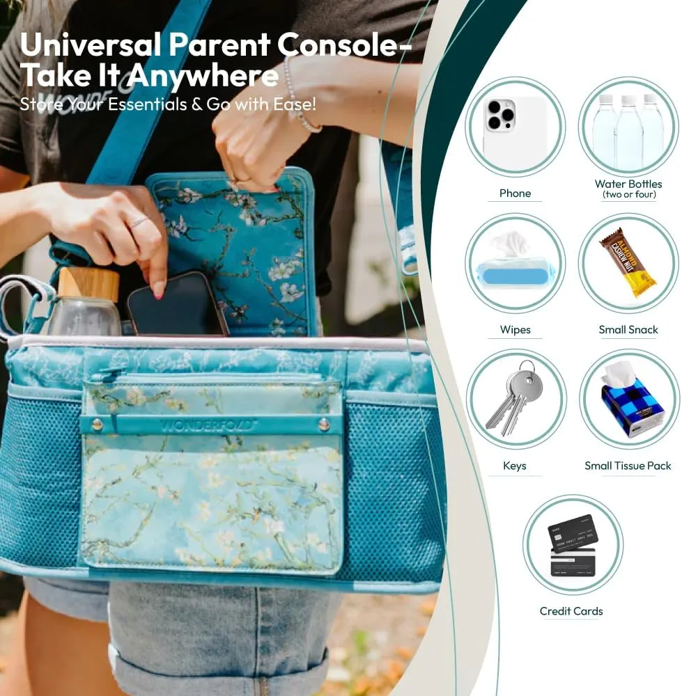 WONDERFOLD Universal Parent Console Stroller Organizer with Insulated Cup Holders, Hook & Loop Closure Handle Attachment, 2 Storage Pockets, Removable Shoulder Strap for Easy Transport