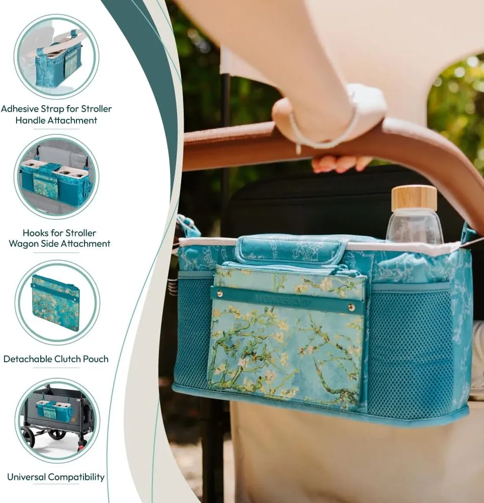 WONDERFOLD Universal Parent Console Stroller Organizer with Insulated Cup Holders, Hook & Loop Closure Handle Attachment, 2 Storage Pockets, Removable Shoulder Strap for Easy Transport