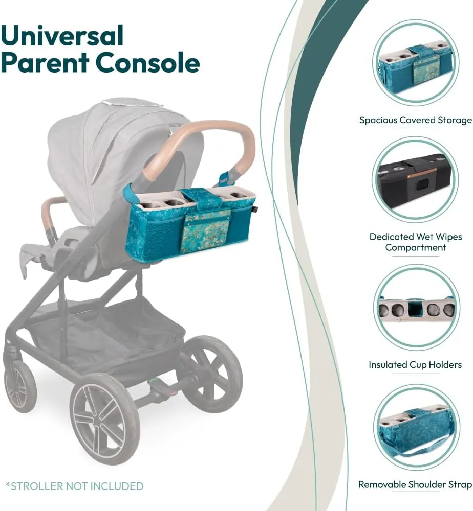 WONDERFOLD Universal Parent Console Stroller Organizer with Insulated Cup Holders, Hook & Loop Closure Handle Attachment, 2 Storage Pockets, Removable Shoulder Strap for Easy Transport