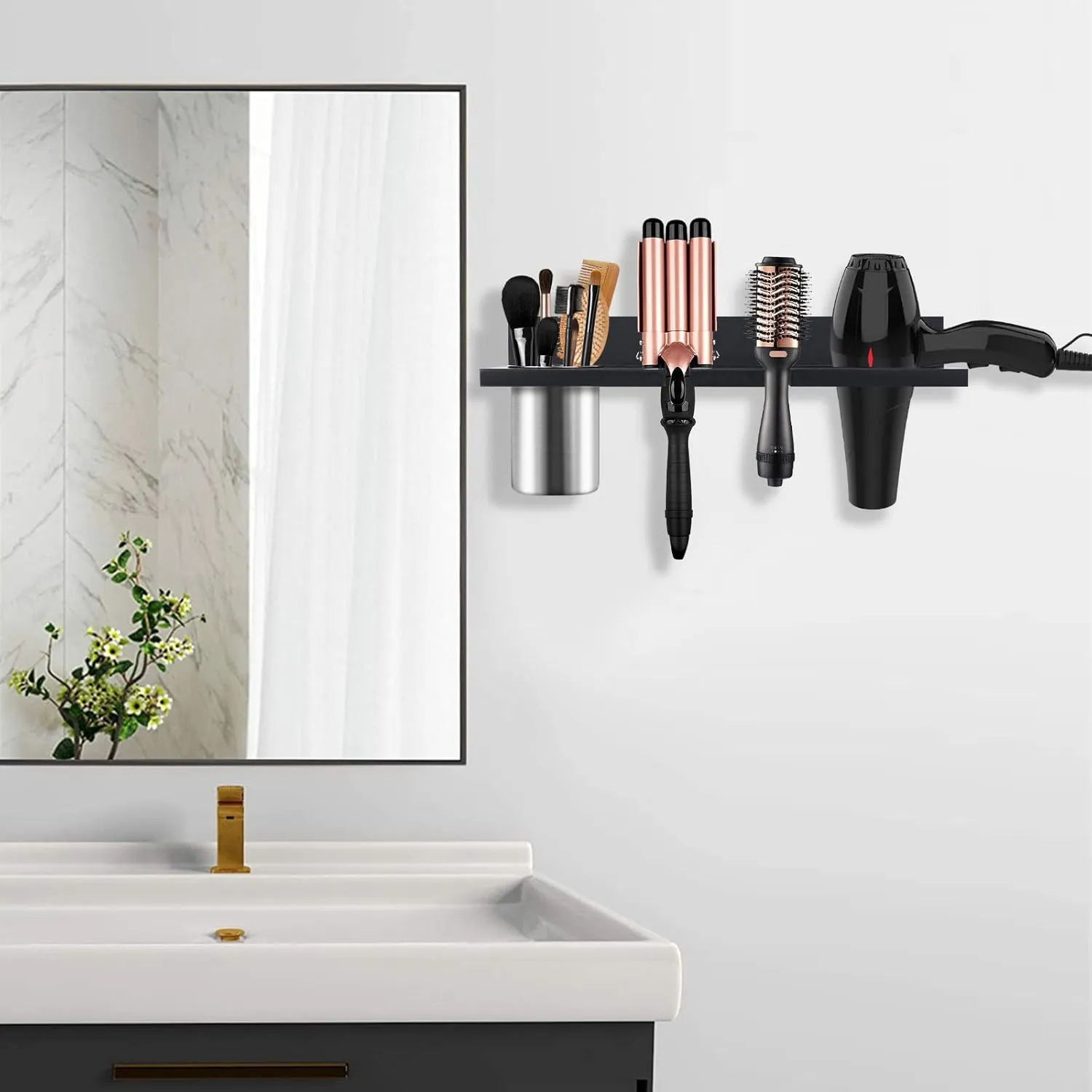 Wooden Hair Tool Organizer - Wall Mounted Blow Dryer Holder for Bathroom, Rustic Styling Tools Organizer for Flat Iron, Curling Wand, Straighteners, Brushes, Black