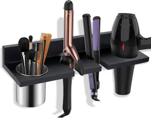 Wooden Hair Tool Organizer - Wall Mounted Blow Dryer Holder for Bathroom, Rustic Styling Tools Organizer for Flat Iron, Curling Wand, Straighteners, Brushes, Black
