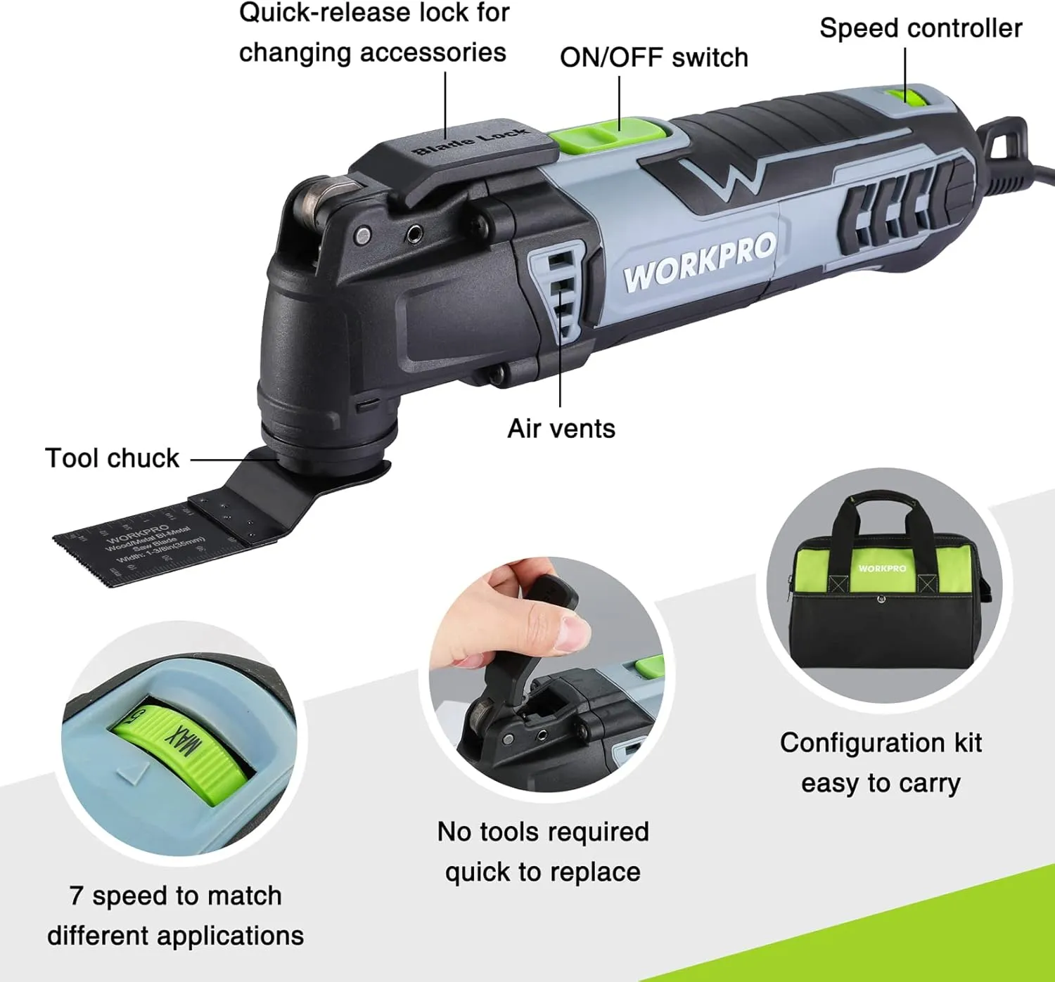 WORKPRO Oscillating Multi-Tool Kit, 3.0 Amp Corded Quick-Lock Replaceable Oscillating Saw with 7 Variable Speed, 3° Oscillation Angle, 17pcs Saw Accessories, and Carrying Bag
