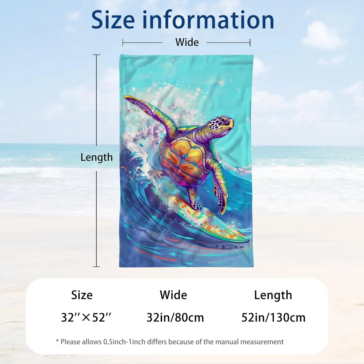 WZOMT Microfiber Turtle Beach Towel Oversized, Funny Sea Turtle Surfing Blue Ocean Pool Towel, Quick Dry Animal Print Bath Towel, Soft Absorbent Towels for Swim Travel Yoga Sports 32x52 Inch
