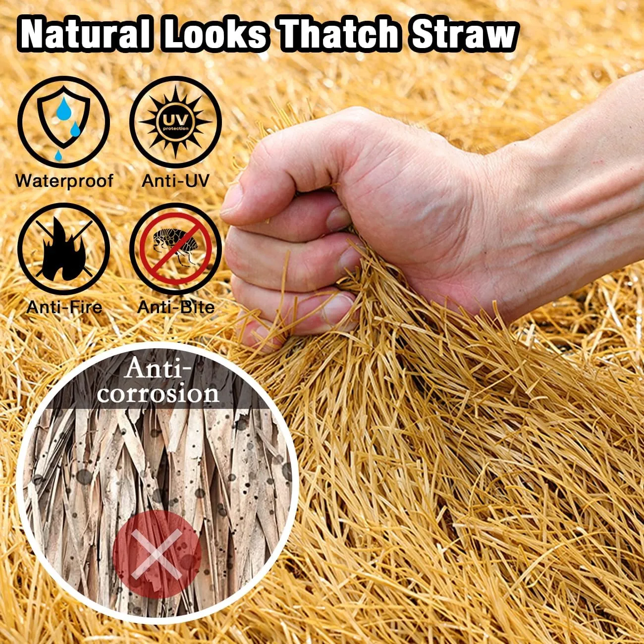 XLX TURF Artificial Thatch Straw Roof, Tiki Bar Mexican Tropical Party Decoraions Waterproof & Fireproof Synthetic Palm Hay Bales Material DIY Crafts, 15 ft x 15.74 in
