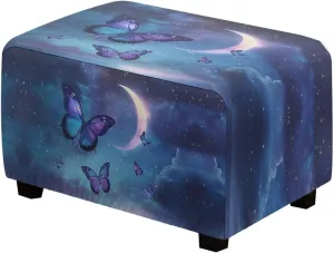 Xoenoiee Butterfly Moon Galaxy Pattern Ottoman Cover Rectangle Storage Ottoman Slipcover Stretch Footrest Stool Covers with Elastic Band for Rectangle and Square Ottoman, Large