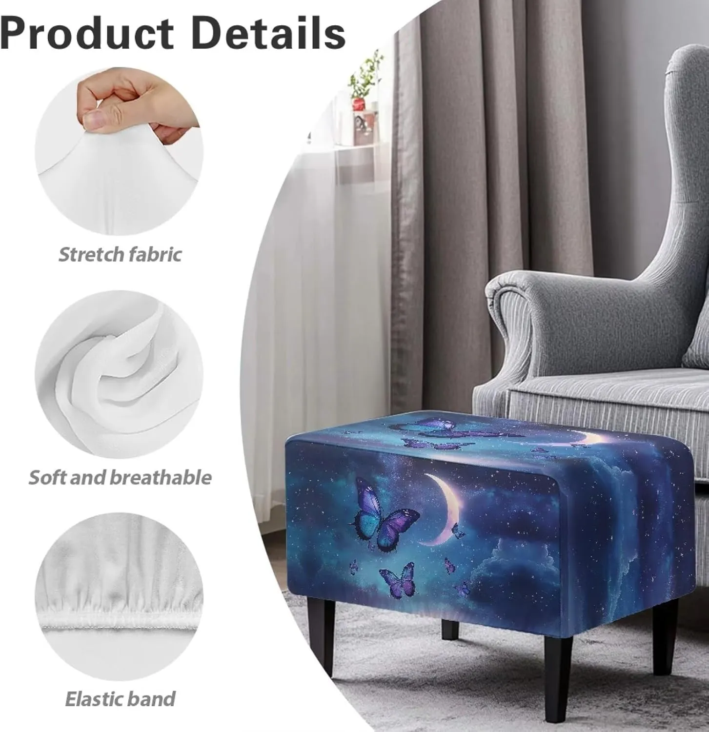 Xoenoiee Butterfly Moon Galaxy Pattern Ottoman Cover Rectangle Storage Ottoman Slipcover Stretch Footrest Stool Covers with Elastic Band for Rectangle and Square Ottoman, Large