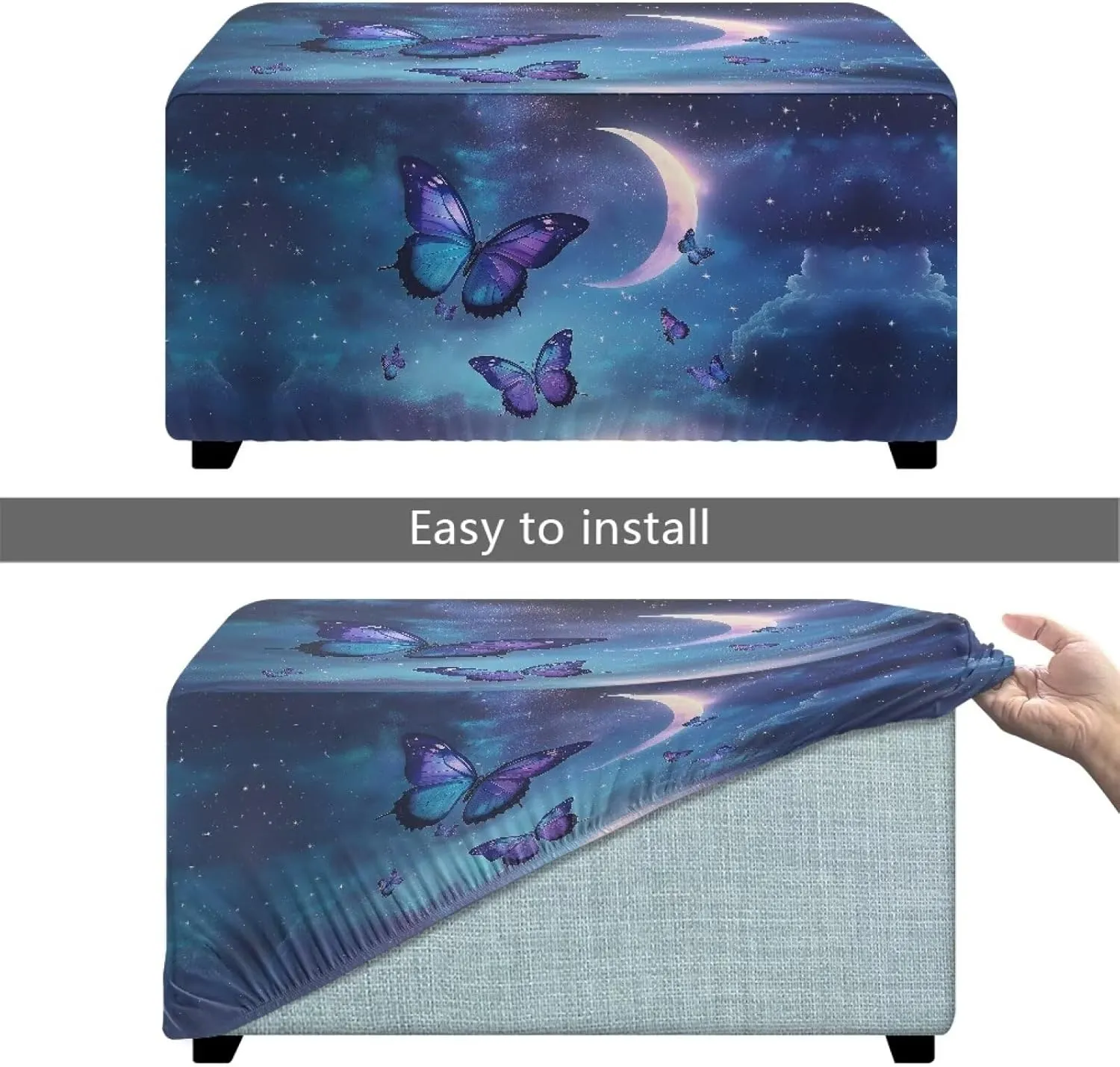 Xoenoiee Butterfly Moon Galaxy Pattern Ottoman Cover Rectangle Storage Ottoman Slipcover Stretch Footrest Stool Covers with Elastic Band for Rectangle and Square Ottoman, Large
