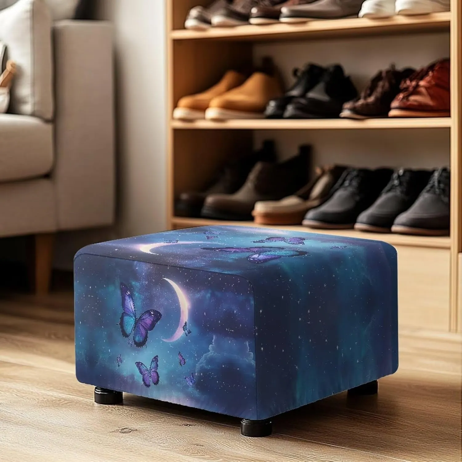 Xoenoiee Butterfly Moon Galaxy Pattern Ottoman Cover Rectangle Storage Ottoman Slipcover Stretch Footrest Stool Covers with Elastic Band for Rectangle and Square Ottoman, Large
