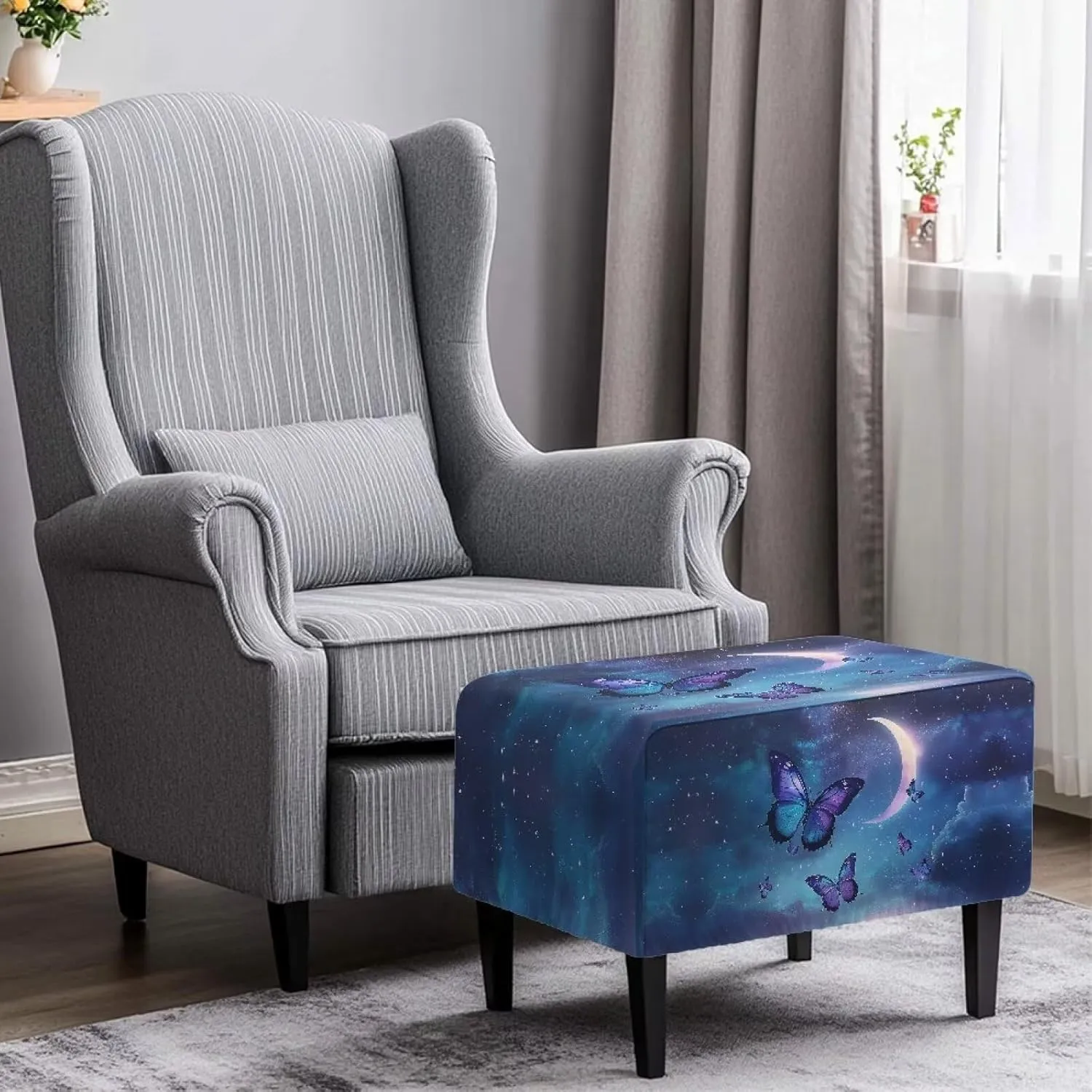 Xoenoiee Butterfly Moon Galaxy Pattern Ottoman Cover Rectangle Storage Ottoman Slipcover Stretch Footrest Stool Covers with Elastic Band for Rectangle and Square Ottoman, Large