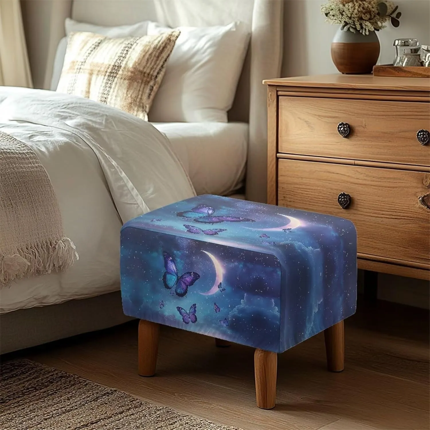 Xoenoiee Butterfly Moon Galaxy Pattern Ottoman Cover Rectangle Storage Ottoman Slipcover Stretch Footrest Stool Covers with Elastic Band for Rectangle and Square Ottoman, Large