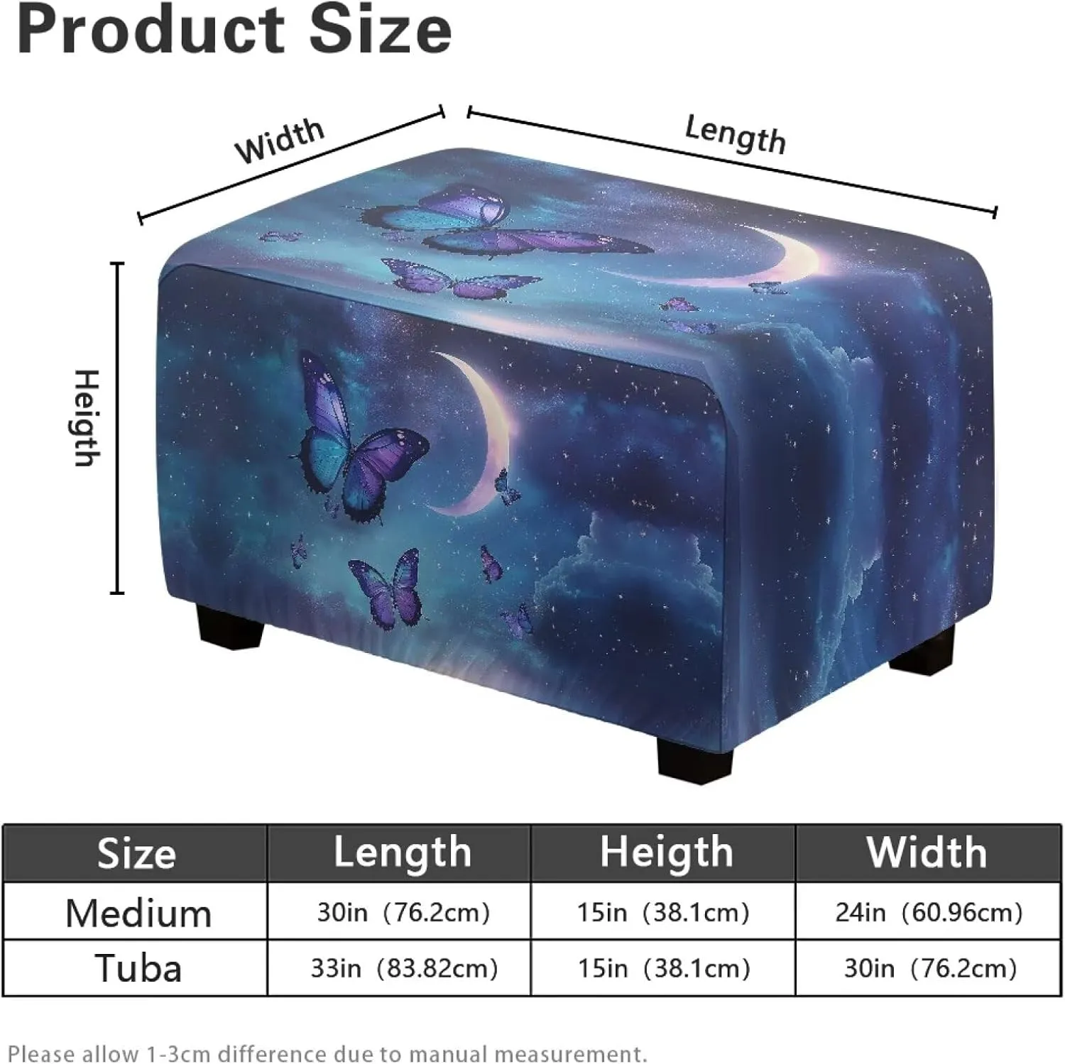 Xoenoiee Butterfly Moon Galaxy Pattern Ottoman Cover Rectangle Storage Ottoman Slipcover Stretch Footrest Stool Covers with Elastic Band for Rectangle and Square Ottoman, Large