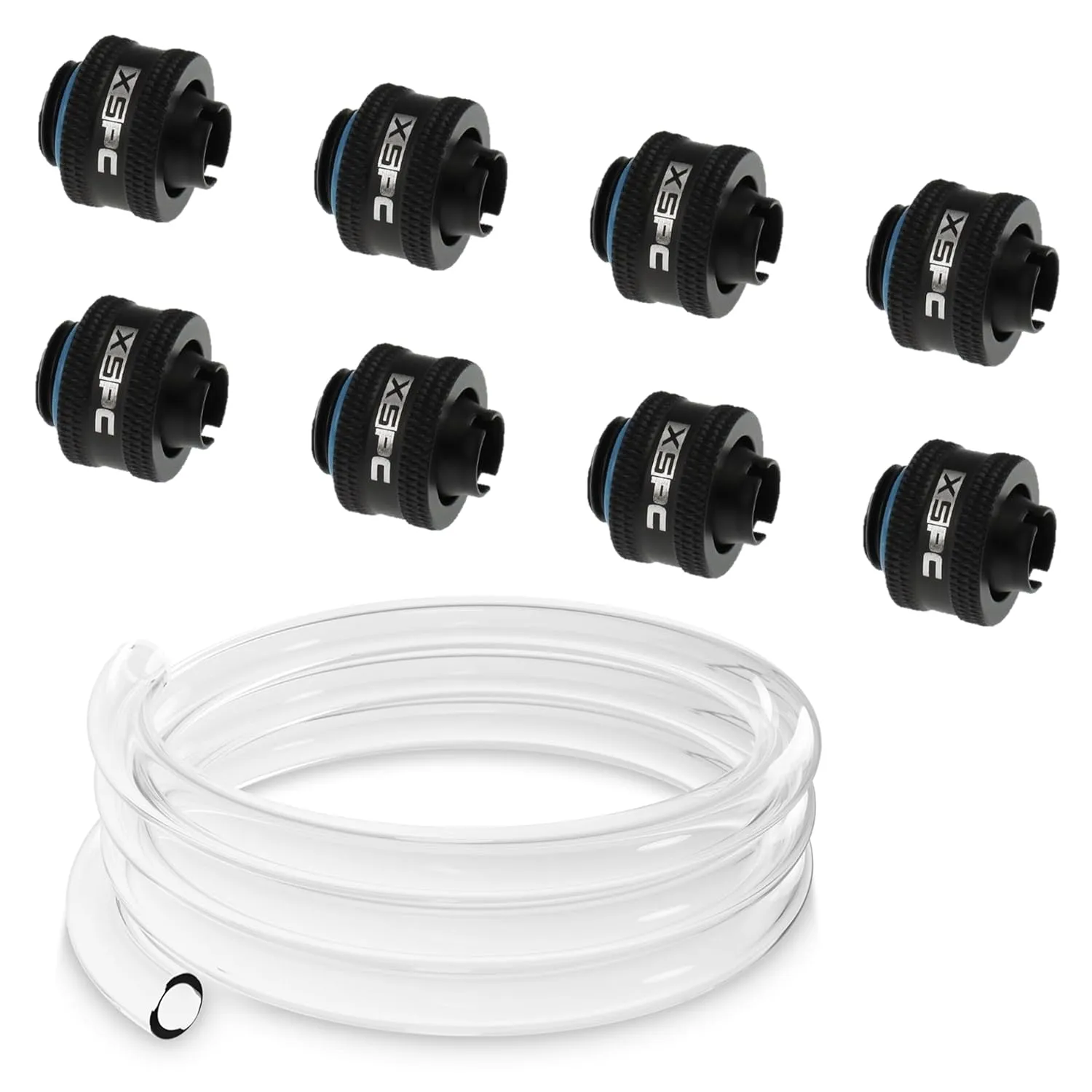 XSPC Clear FLX Tubing (2 Meters) and G1/4" 3/8" ID, 1/2" OD Compression Fitting V2 Bundle, Matte Black, 8-Pack