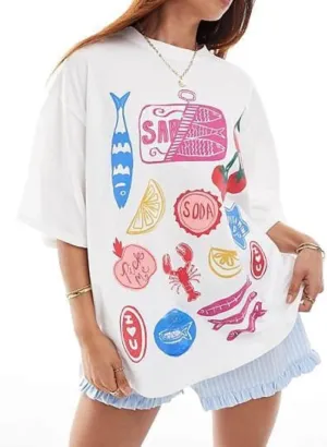 Y2k Oversized Summer Tops for Women Cute Bow Fruit Loose T Shirts Crew Neck Aesthetic Graphic Short Sleeve Tee