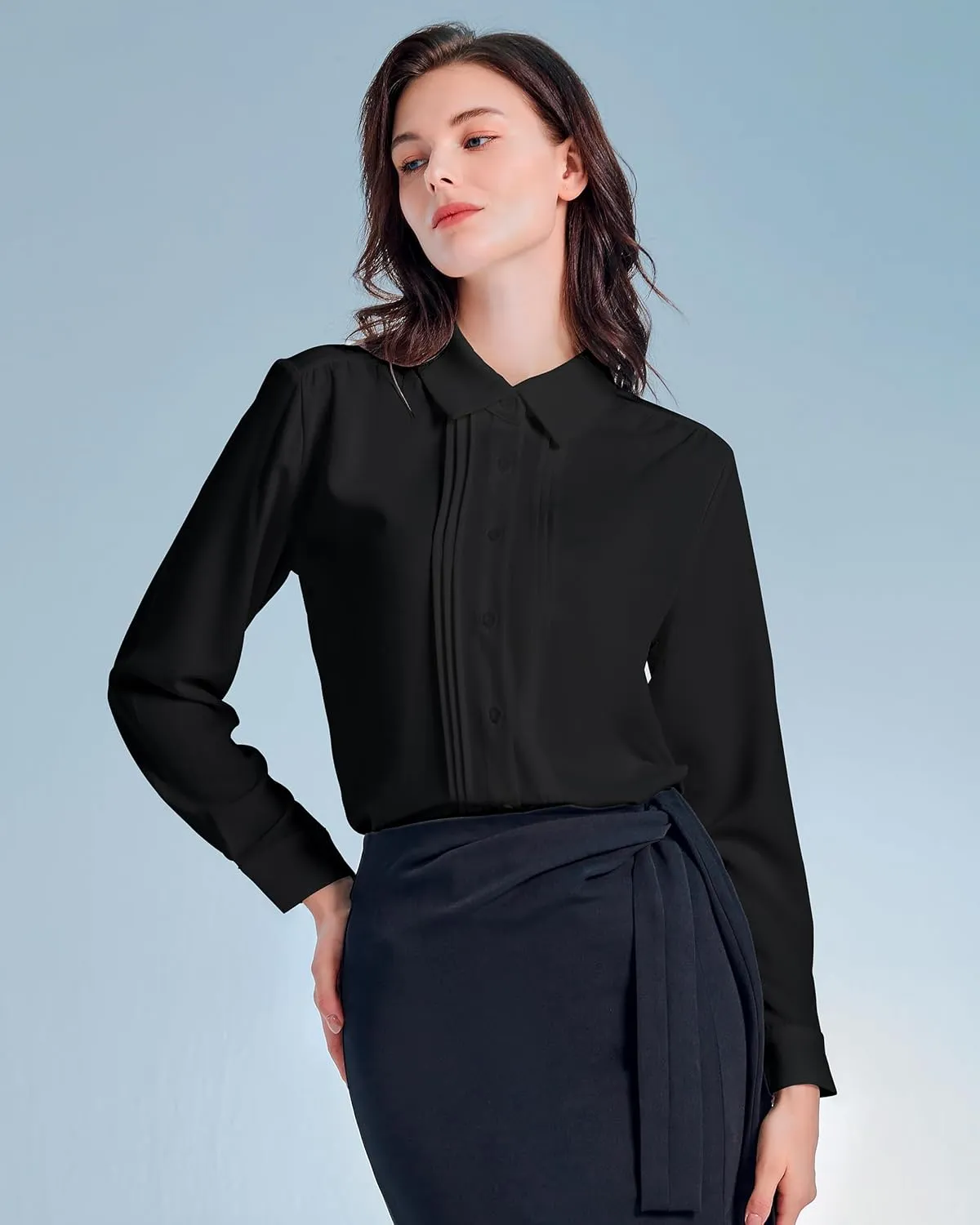 YAMANMAN Womens Button Down Shirts Long Sleeve Casual Chiffon Blouses Loose Pleated Collared Work Office Tops
