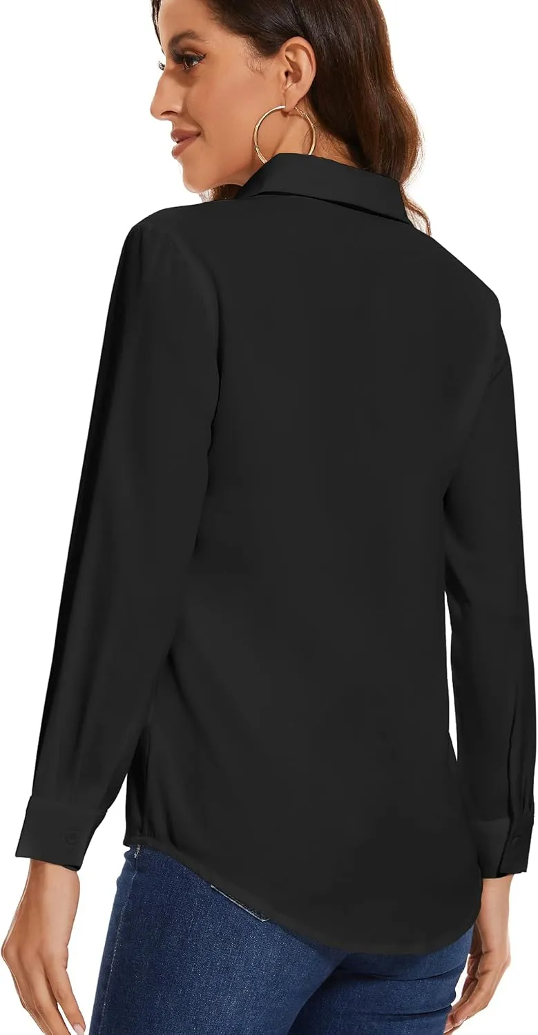 YAMANMAN Womens Button Down Shirts Long Sleeve Casual Chiffon Blouses Loose Pleated Collared Work Office Tops