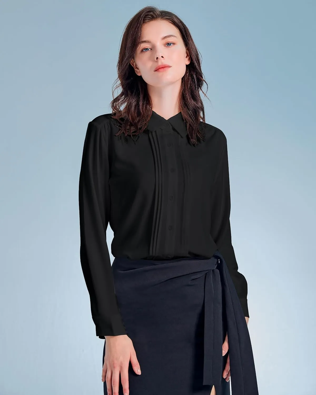 YAMANMAN Womens Button Down Shirts Long Sleeve Casual Chiffon Blouses Loose Pleated Collared Work Office Tops