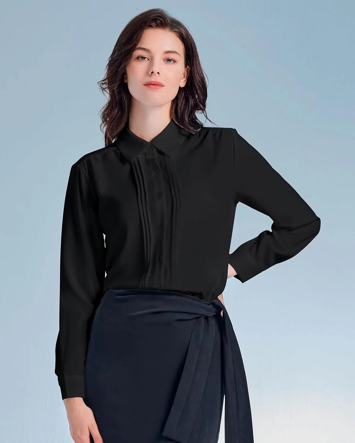 YAMANMAN Womens Button Down Shirts Long Sleeve Casual Chiffon Blouses Loose Pleated Collared Work Office Tops