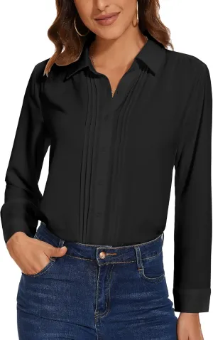YAMANMAN Womens Button Down Shirts Long Sleeve Casual Chiffon Blouses Loose Pleated Collared Work Office Tops