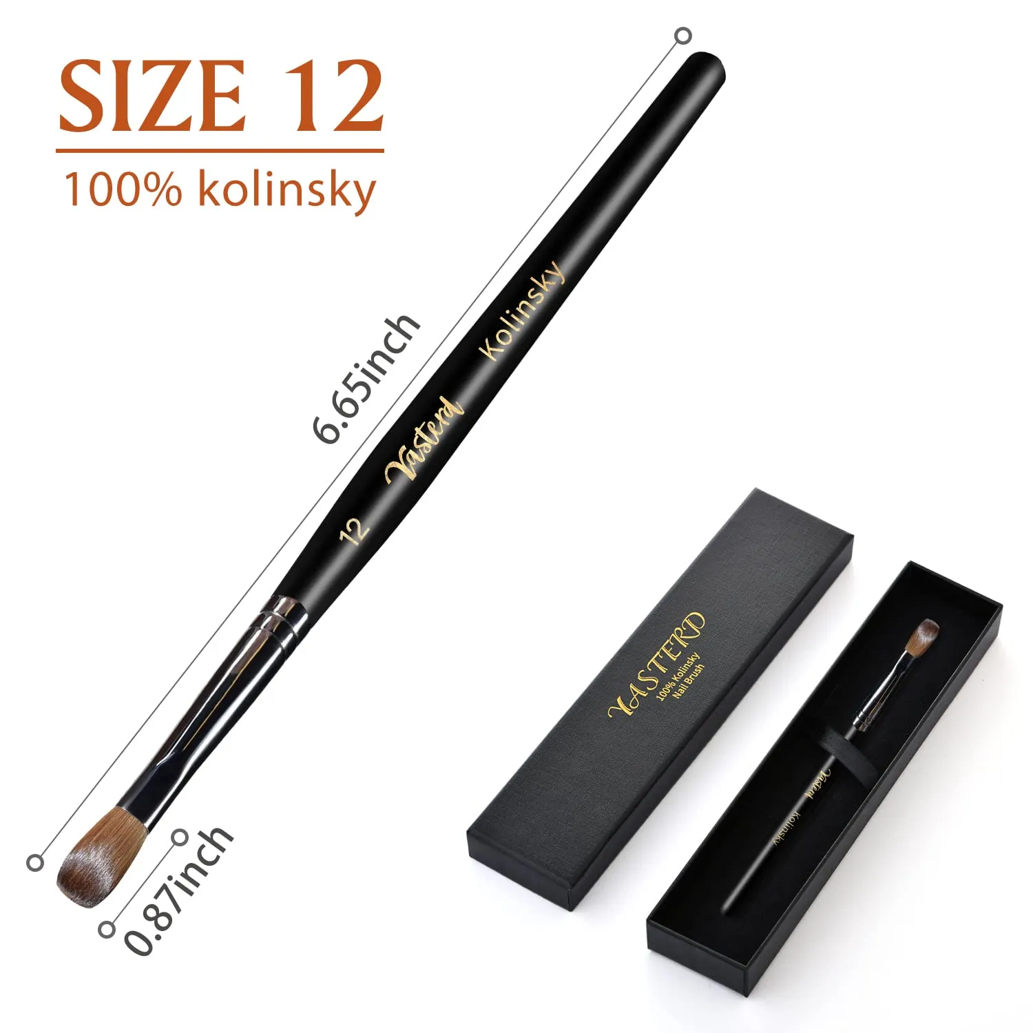 Yasterd Acrylic Nail Brush - 100% Kolinsky, Oval Crimped, Size 12 Black Wood Professional Nail Art Powder Brush Manicure Tool