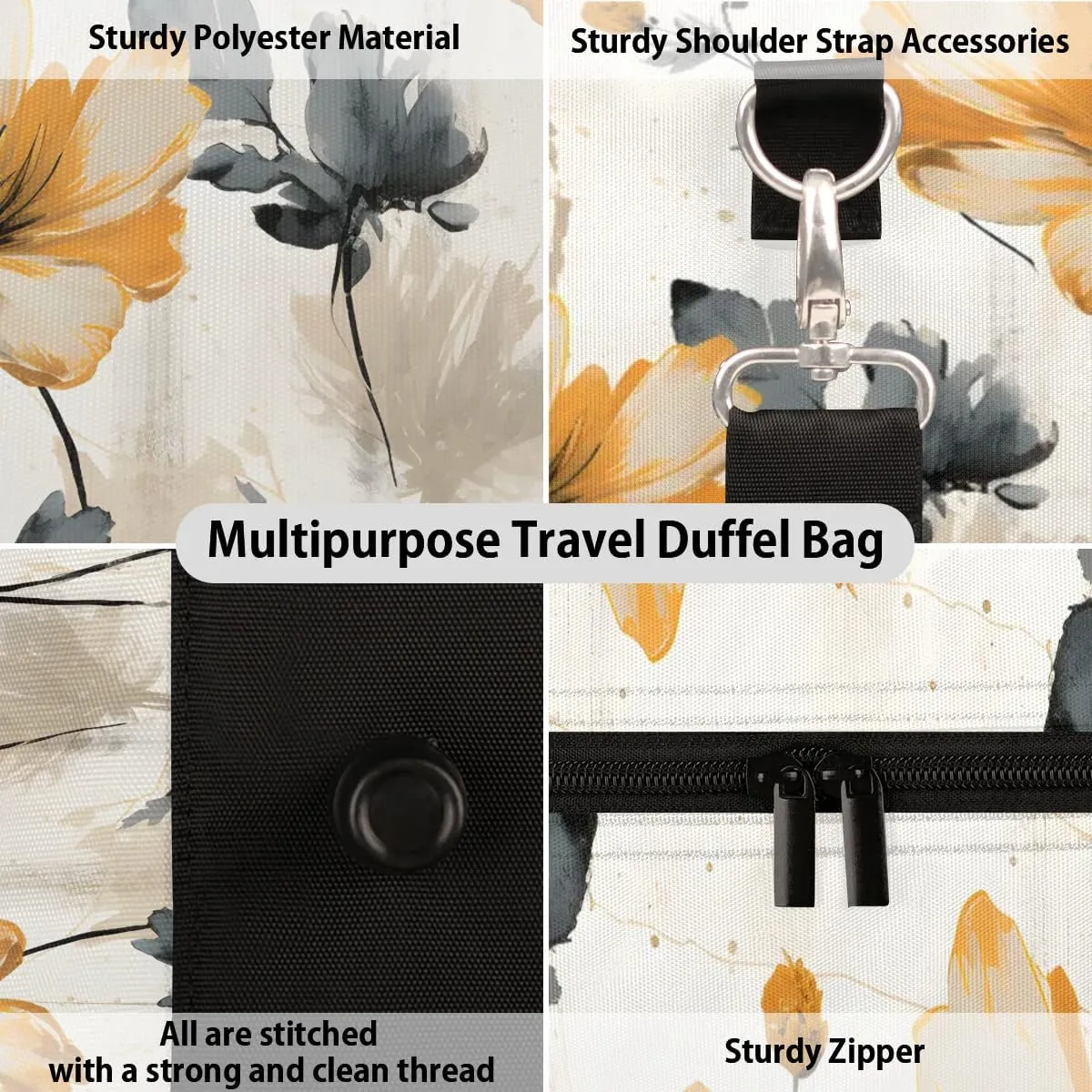 Yellow Poppy Floral Travel Duffel Bag for Women Men Waterproof Foldable Overnight Weekender Bag Large Capacity Sports Gym Bag