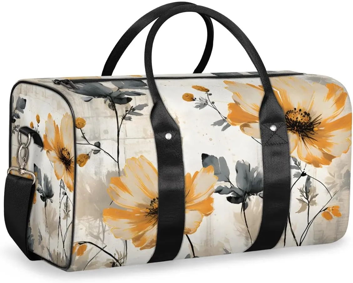 Yellow Poppy Floral Travel Duffel Bag for Women Men Waterproof Foldable Overnight Weekender Bag Large Capacity Sports Gym Bag