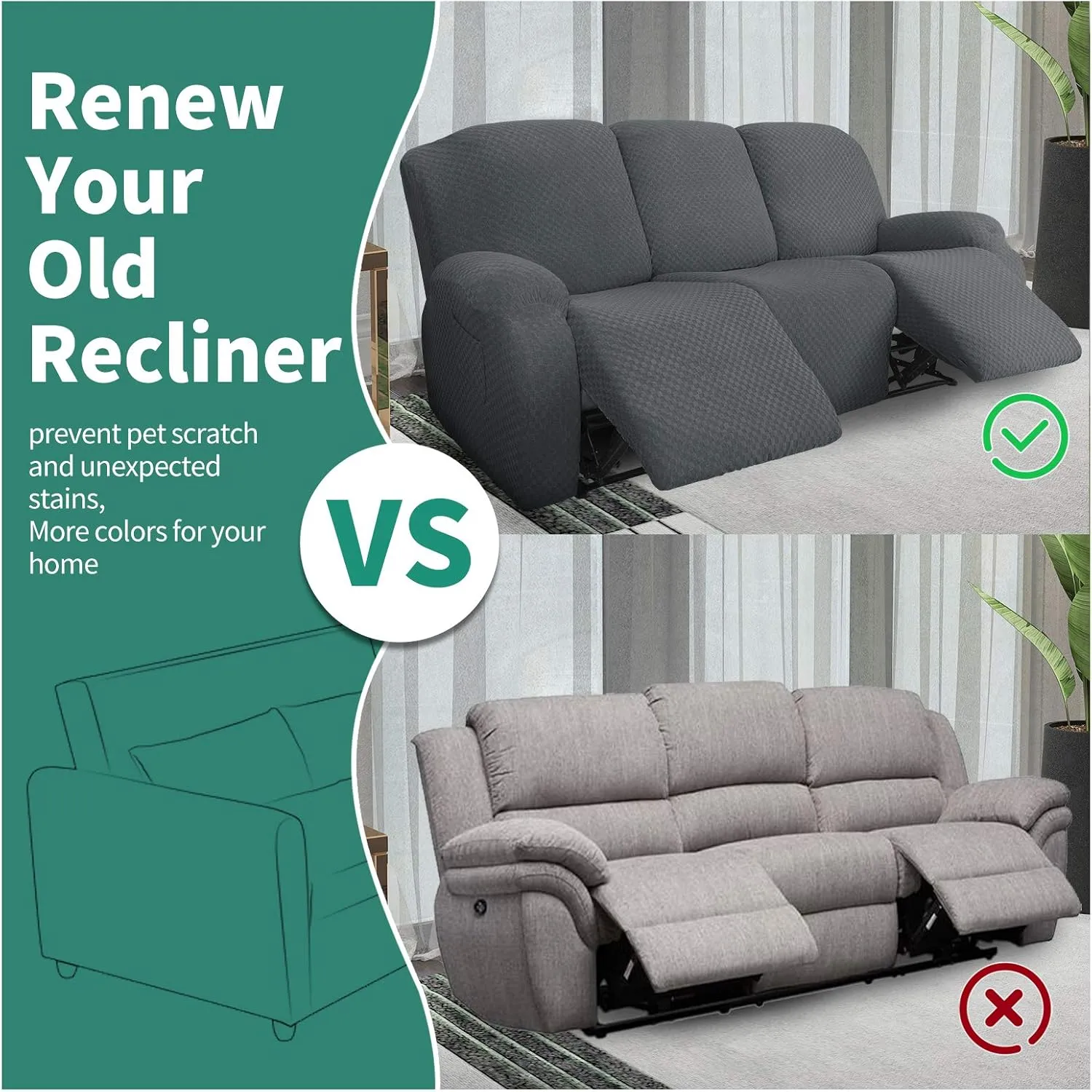 YEMYHOM 8 Pieces Stretch Recliner Sofa Cover Latest Jacquard Reclining Couch Cover with Side Pocket Anti-Slip Fitted 3 Cushion Furniture Slipcovers with Elastic Bottom (Sofa Recliner, Dark Gray)