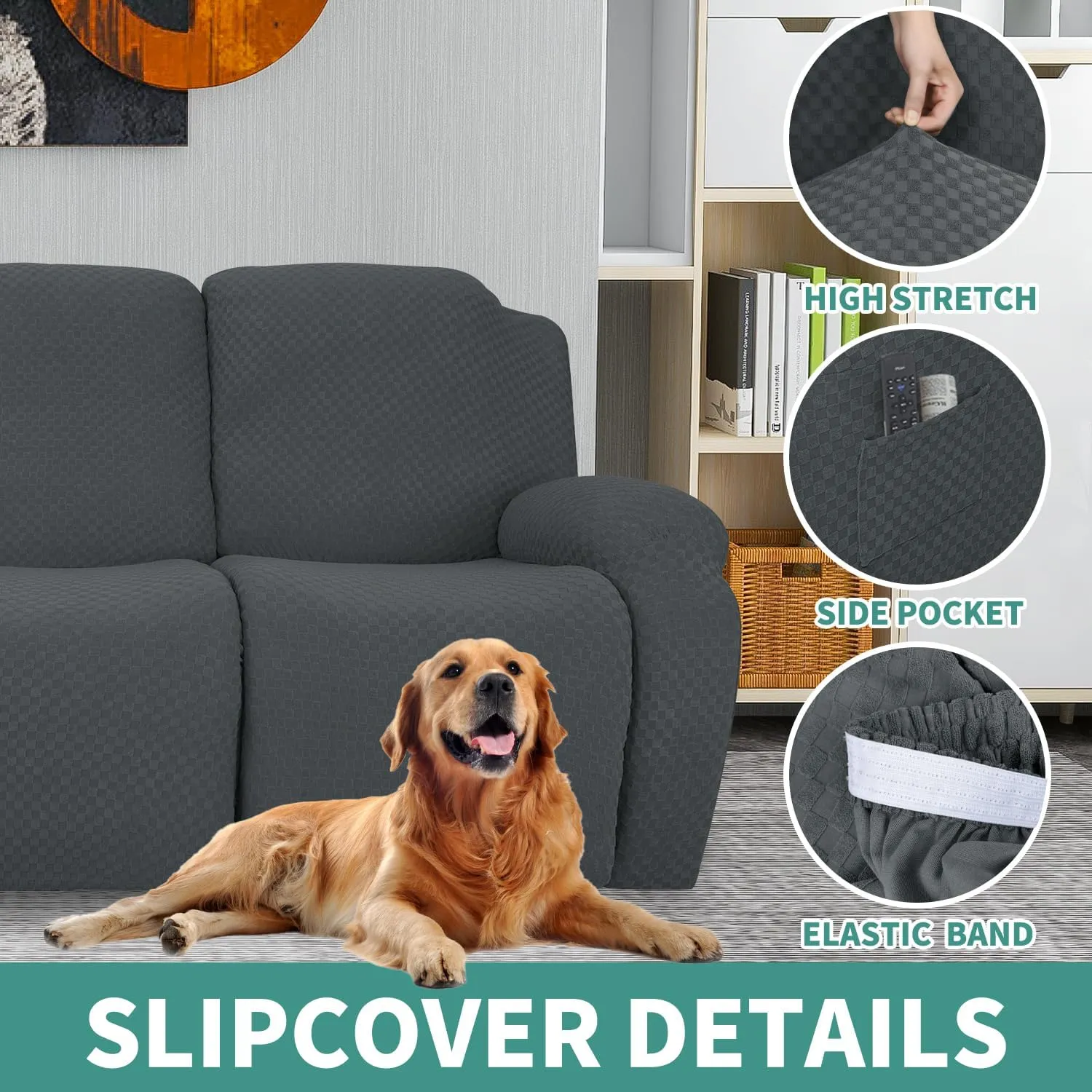 YEMYHOM 8 Pieces Stretch Recliner Sofa Cover Latest Jacquard Reclining Couch Cover with Side Pocket Anti-Slip Fitted 3 Cushion Furniture Slipcovers with Elastic Bottom (Sofa Recliner, Dark Gray)