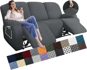 YEMYHOM 8 Pieces Stretch Recliner Sofa Cover Latest Jacquard Reclining Couch Cover with Side Pocket Anti-Slip Fitted 3 Cushion Furniture Slipcovers with Elastic Bottom (Sofa Recliner, Dark Gray)